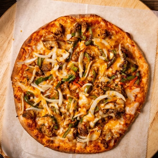 Overhead view of a whole pizza with onions, peppers, and meat, next to chicken wings and an orange soda.