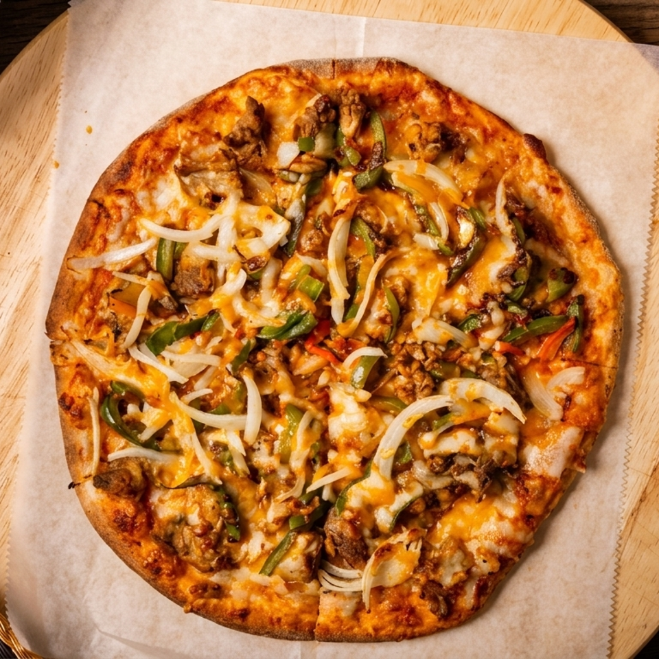 Overhead view of a whole pizza with onions, peppers, and meat, next to chicken wings and an orange soda.