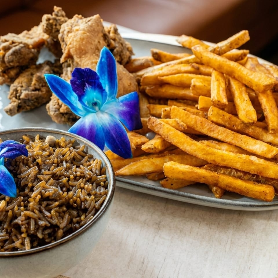 Fried chicken, french fries, and a bowl of rice, garnished with blue orchids.