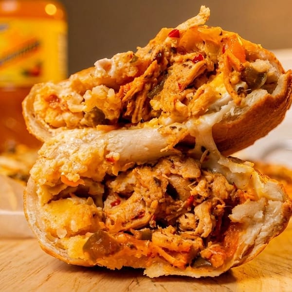 A large, cheesy chicken and vegetable sandwich, cut in half, on a wooden board.