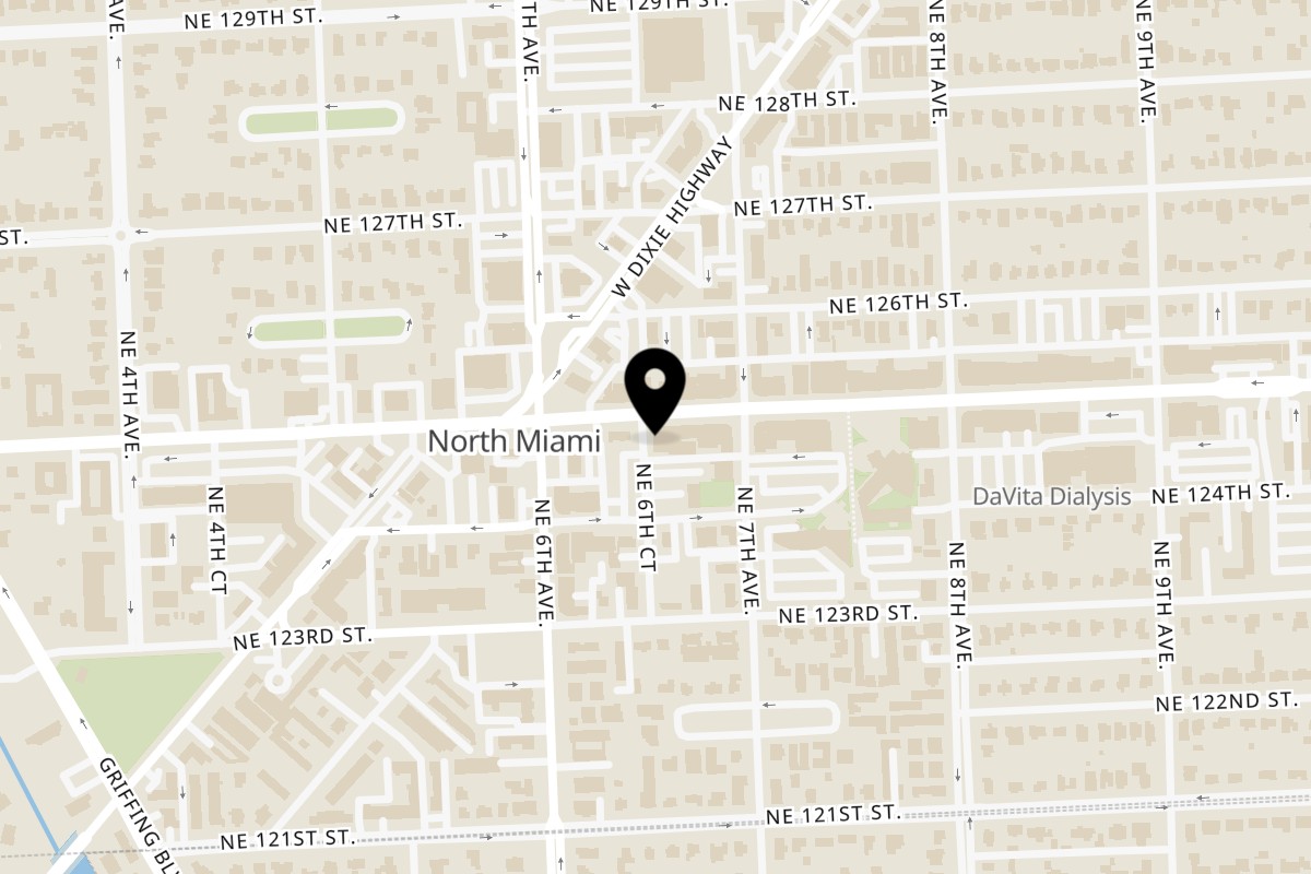 Map showing the location of 1804 Pizza North Miami - East on 12485 NE 6th Ct in North Miami